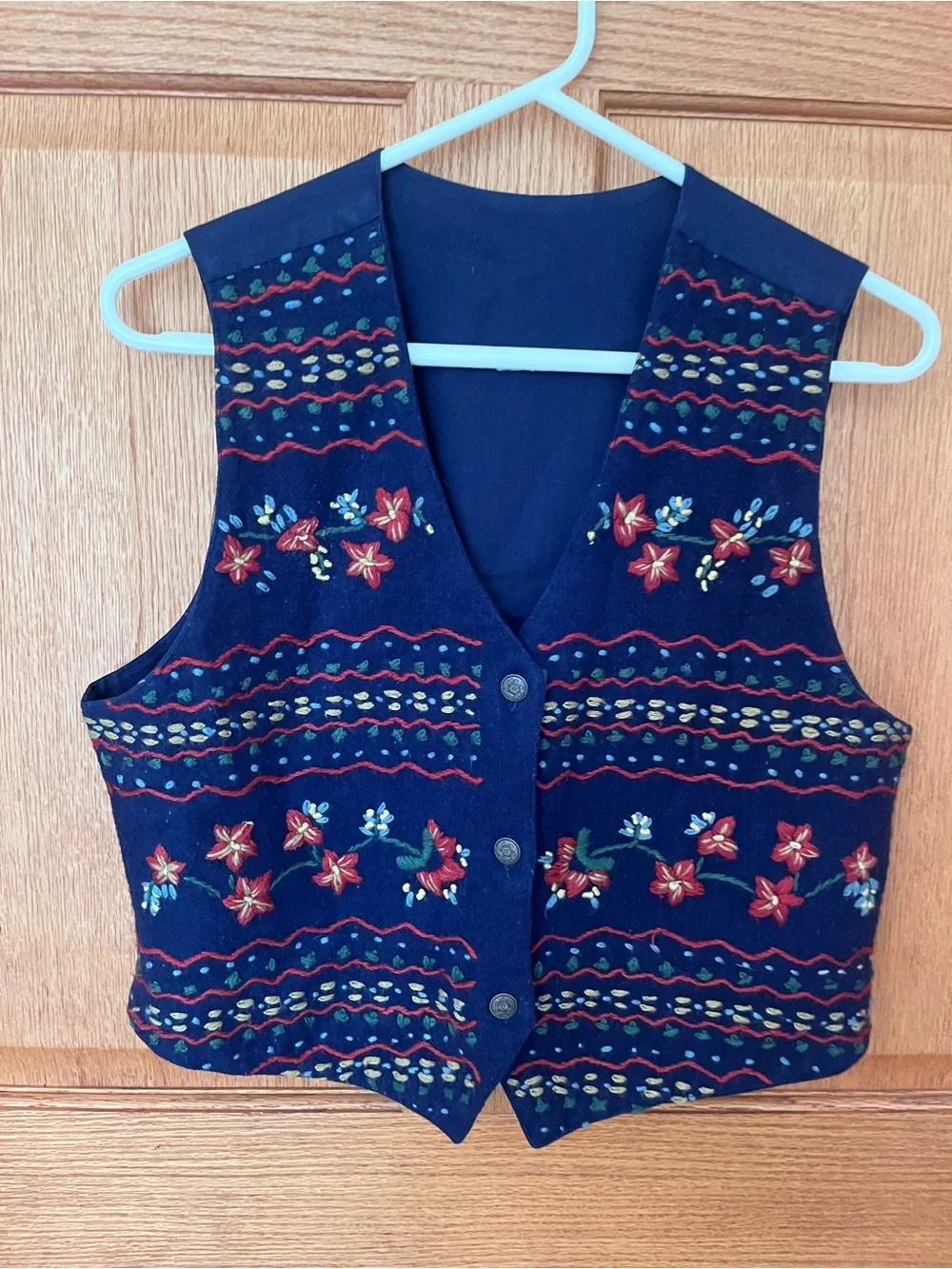 Vintage homemade grannycore Navy Floral Embroidered Button-Front Vest